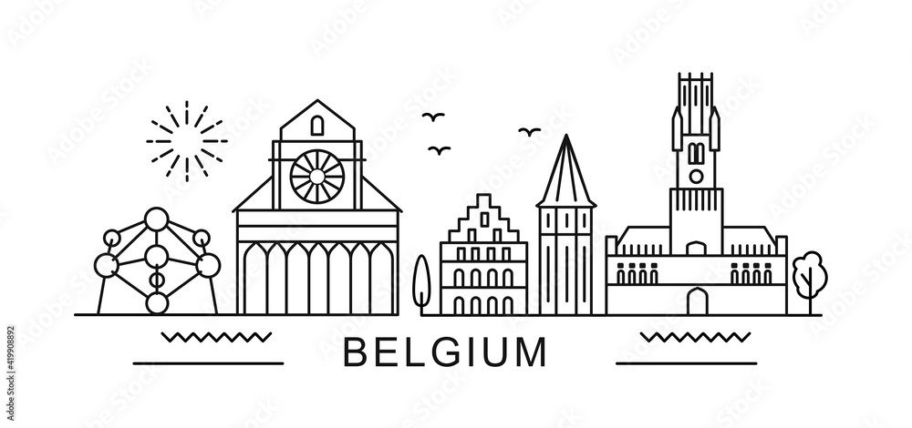 Belgium minimal style City Outline Skyline with Typographic. Vector cityscape with famous landmarks. Illustration for prints on bags, posters, cards. 