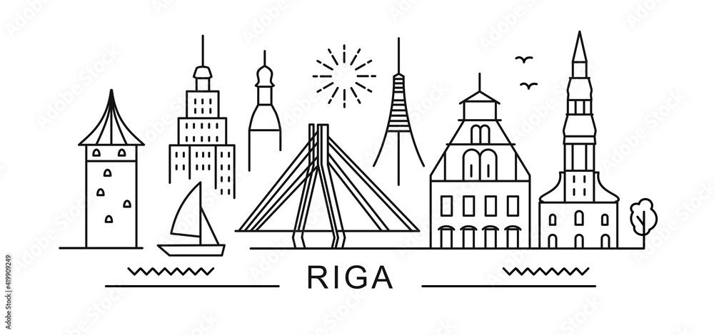 city of Riga in outline style on white. Landmarks sign with inscription.