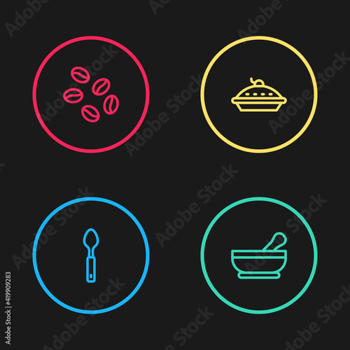 Set line Spoon, Mortar and pestle, Homemade pie and Coffee beans icon. Vector
