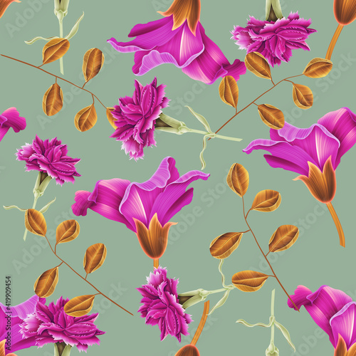 Seamless pattern with Tropical flowers and leaves design. Stylish trendy fashion floral pattern