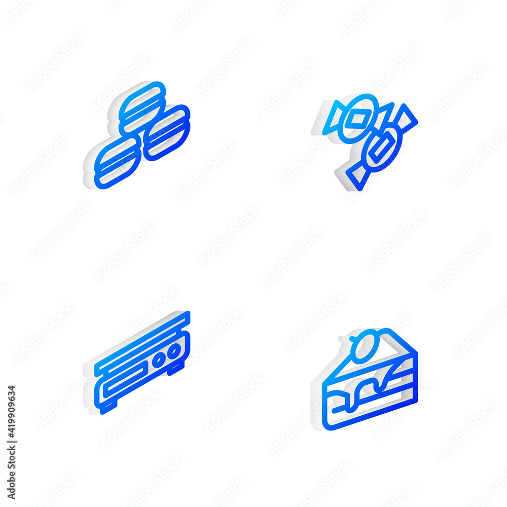 Set Isometric line Candy, Macaron cookie, Electronic scales and Piece of cake icon. Vector Set Isometric line Candy, Macaron cookie, Electronic scales and Piece of cake icon. Vector