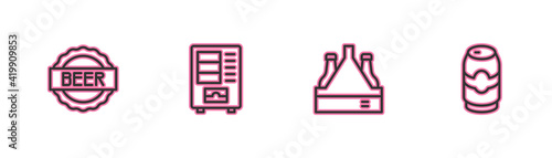 Set line Bottle cap with beer, Pack of bottles, Vending machine and Beer can icon. Vector