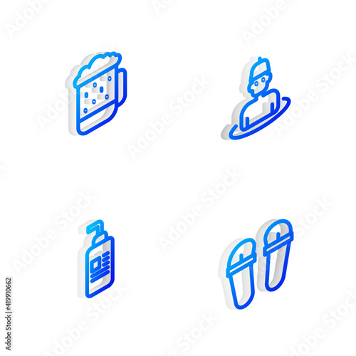 Set Isometric line Man in the sauna, Wooden beer mug, Cream or lotion cosmetic tube and Flip flops icon. Vector