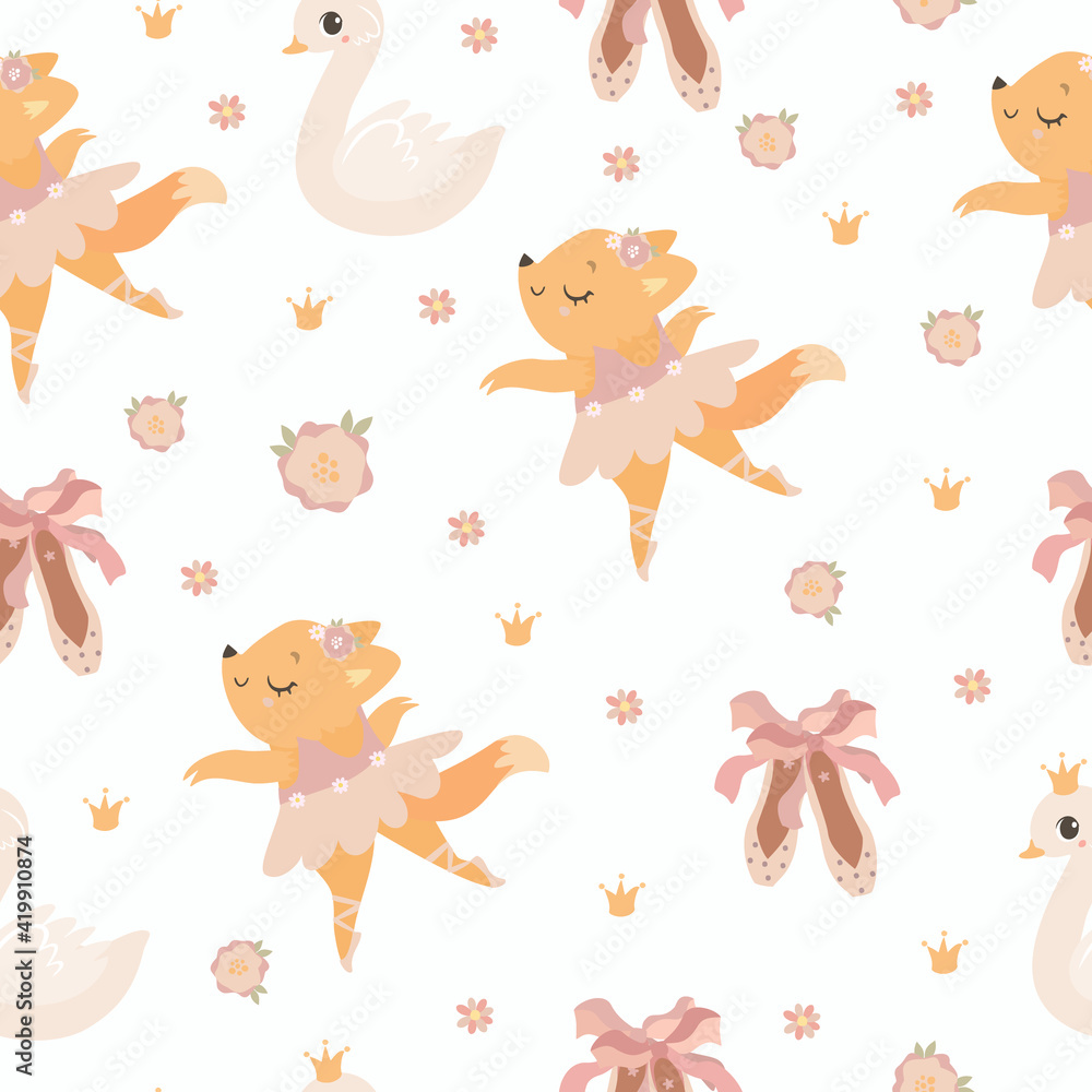 seamless ballet pattern and cute animals. Fox ballerina, Princess Swan, Fox Dancer, Swan Lake seamless ballet pattern and cute animals. Fox ballerina, Princess Swan, Fox Dancer, Swan Lake