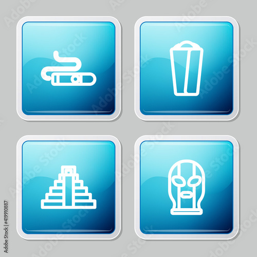 Set line Cigar, Burrito, Chichen Itza in Mayan and Mexican wrestler icon. Vector