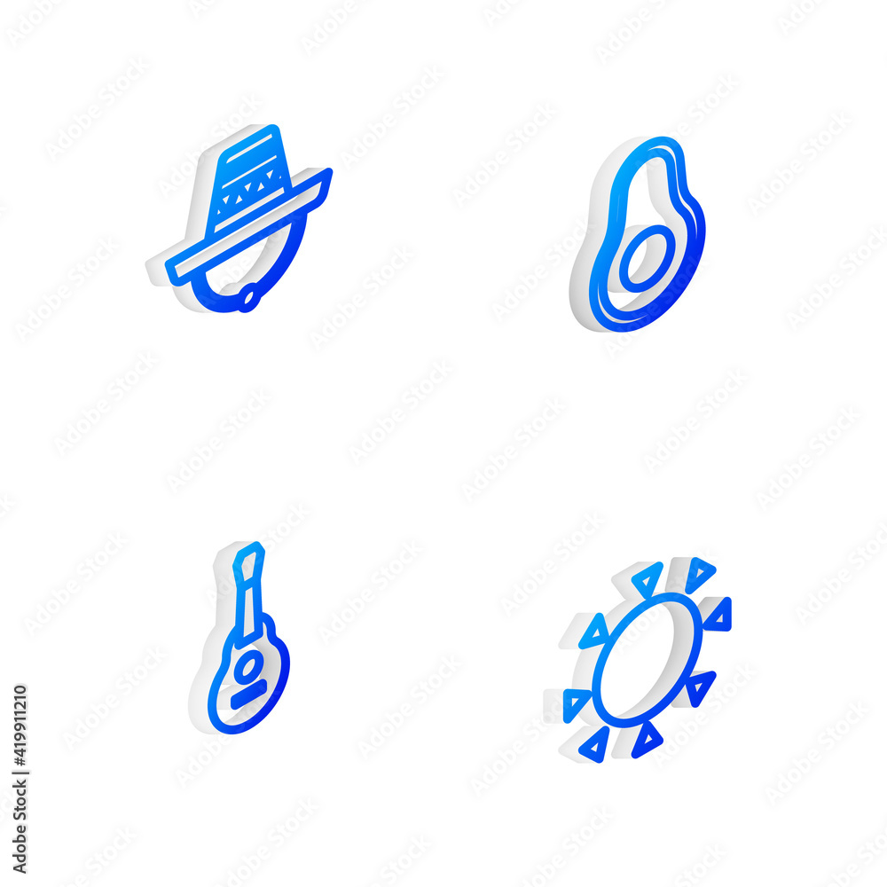 Set Isometric line Avocado fruit, Mexican sombrero, guitar and Sun icon. Vector Set Isometric line Avocado fruit, Mexican sombrero, guitar and Sun icon. Vector