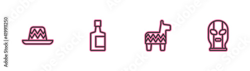 Set line Mexican sombrero, Pinata, Tequila bottle and wrestler icon. Vector