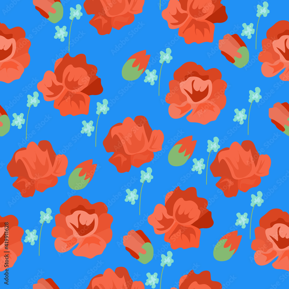 Large red flowers on a blue background