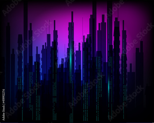 Data streams like a dark city move against a dark neon background. Abstract background in cyberpunk style.