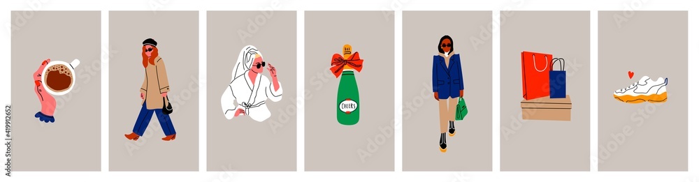Stylish ladies, trendy clothes, coffee cup, sneakers. Modern woman Lifestyle. Work, fashion, sport, spa relax, shopping concept. Various isolated icons. Hand drawn Vector set Stylish ladies, trendy clothes, coffee cup, sneakers. Modern woman Lifestyle. Work, fashion, sport, spa relax, shopping concept. Various isolated icons. Hand drawn Vector set
