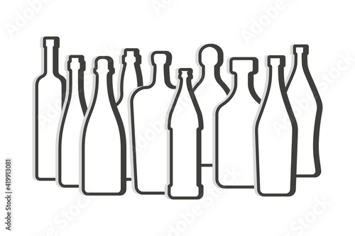 Group of bottles. Vodka red wine champagne whiskey liquor rum martini vermouth beer tequila bottle. Simple linear shape. Isolated object. Symbol in thin lines. Flat illustration on white background