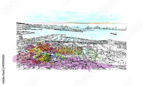 Building view with landmark of  Las Palmas is the 
city in Spain. Watercolour splash with hand drawn sketch illustration in vector.