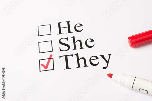 Above photo of red color marker and paper with text he she and they isolated on the white background