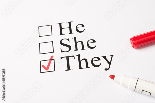 Above photo of red color marker and paper with text he she and they isolated on the white background photo