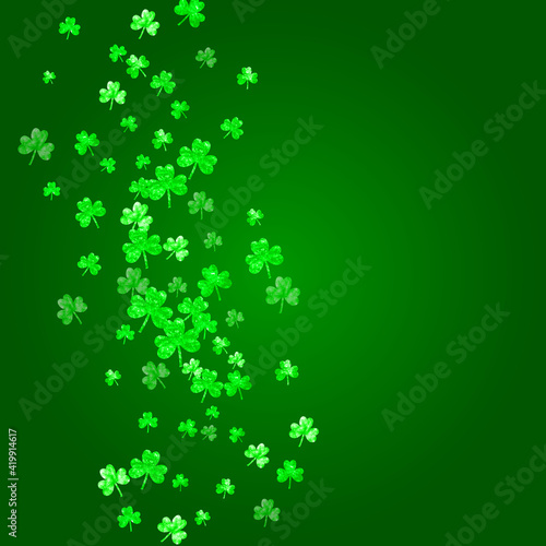 St patricks day background with shamrock. Lucky trefoil confetti. Glitter frame of clover leaves. Template for voucher, special business ad, banner. Happy st patricks day backdrop.