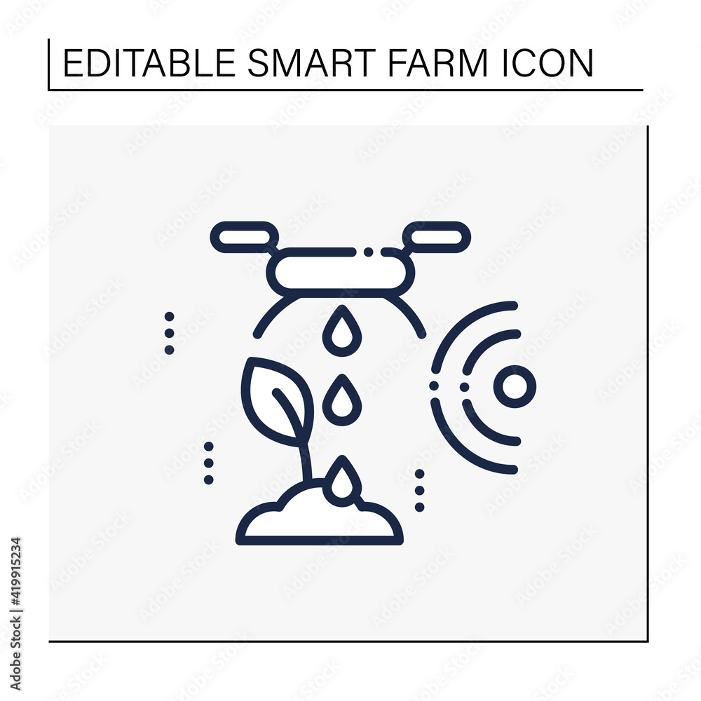 Irrigating land line icon. Digital drone smart agriculture irrigate plane. Spray chemical to wheat field. Smart farming concept. Isolated vector illustration. Editable stroke Irrigating land line icon. Digital drone smart agriculture irrigate plane. Spray chemical to wheat field. Smart farming concept. Isolated vector illustration. Editable stroke
