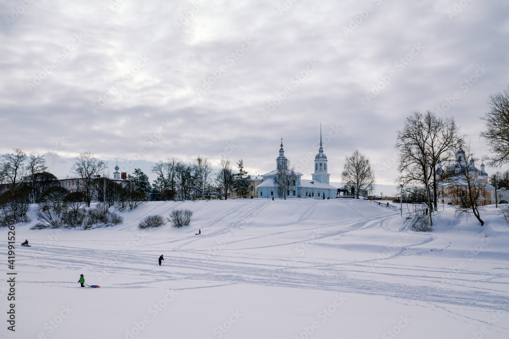 View of Alexander Nevsky Church from the Vologda River on a cloudy winter day, Vologda, Russia