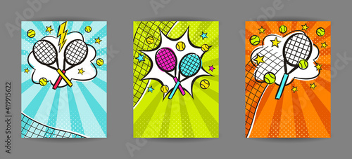 Bright pop art banners for Tennis with rackets, balls, net and stars. Cartoon text frame on a ray background. Comic Template for web design, banners, cards, coupons and posters. Vector illustration