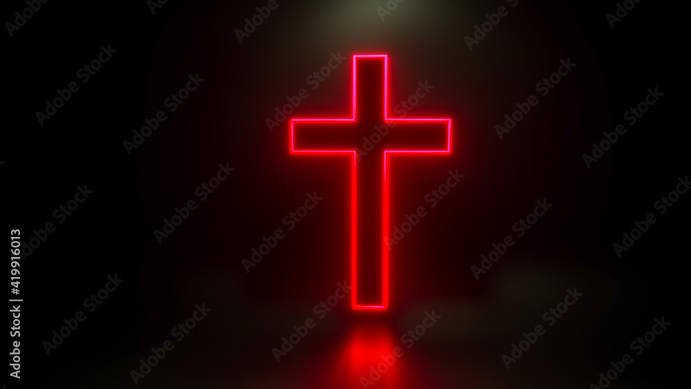 Fototapeta premium glowing Christian cross on a black background. 3d render illustration