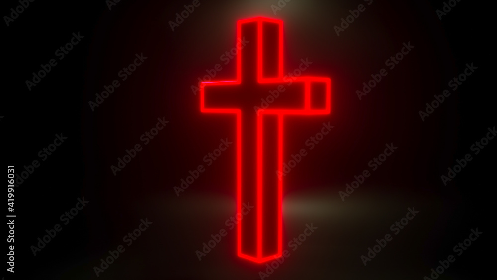 Fototapeta premium glowing Christian cross on a black background. 3d render illustration