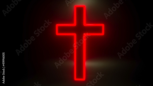 glowing Christian cross on a black background. 3d render illustration