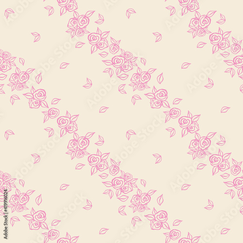 diagonal seamless pink floral pattern hand drawn watercolor  outline on a light background