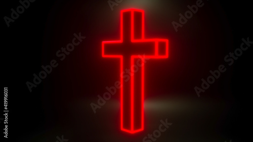 glowing Christian cross on a black background. 3d render illustration