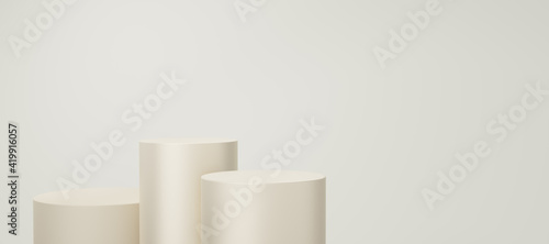 3 Empty yellow or cream cylinder podium floating on bone white copy space background. Abstract minimal studio 3d geometric shape object. Pedestal mockup space for display of product design. 3d render. © media-ja