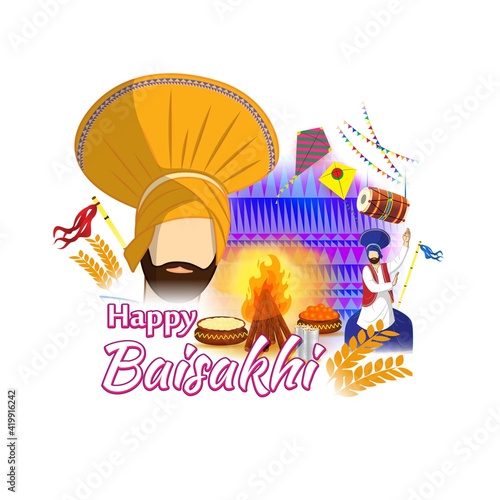 Vector illustration for happy Baisakhi, Indian punjabi festival with festival theme elements.