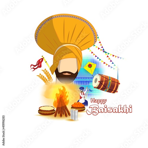 Vector illustration for happy Baisakhi, Indian punjabi festival with festival theme elements.