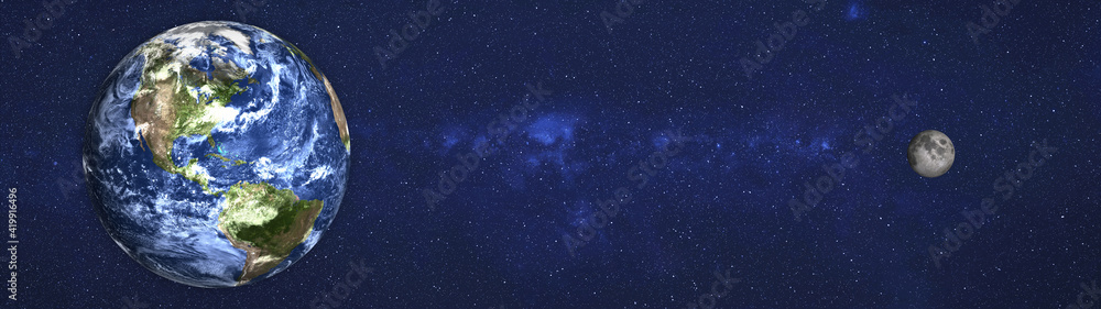 Planet earth and moon in the space. Science fiction 3D render. Ultrawide wallpaper. Elements of this image were furnished by NASA Planet earth and moon in the space. Science fiction 3D render. Ultrawide wallpaper. Elements of this image were furnished by NASA