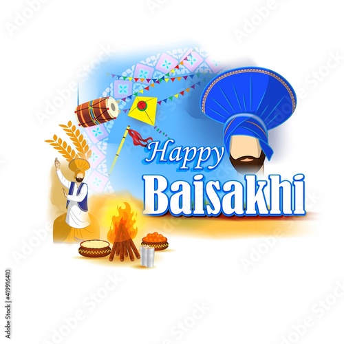 Vector illustration for happy Baisakhi, Indian punjabi festival with festival theme elements.