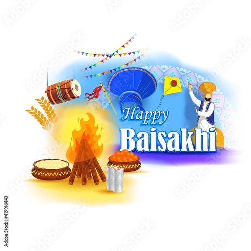 Vector illustration for happy Baisakhi, Indian punjabi festival with festival theme elements.
