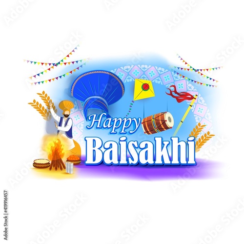 Vector illustration for happy Baisakhi, Indian punjabi festival with festival theme elements.