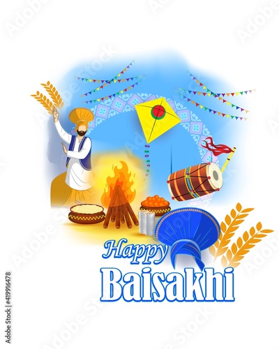Vector illustration for happy Baisakhi, Indian punjabi festival with festival theme elements.