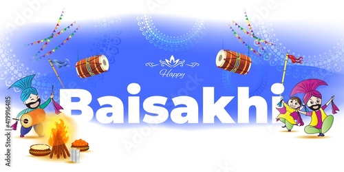 Vector illustration for happy Baisakhi, Indian punjabi festival with festival theme elements.