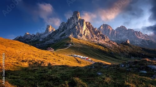 Scenic image of mountains during sunset. Amazing nature scenery of Dolomites Alps. Passo Giau popular travel destination in Dolomites. travel, adventure, concept image. Stunning natural background.