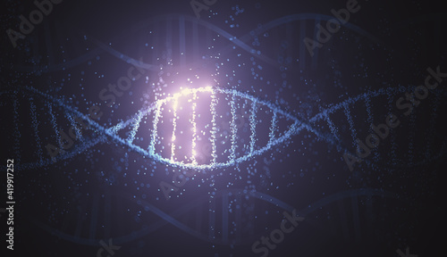 Helical DNA code with grouped spheres forming genetic molecules.