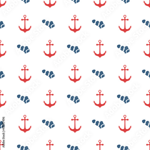Nautical, sailing,  sea life seamless pattern with red anchor and navy blue fish