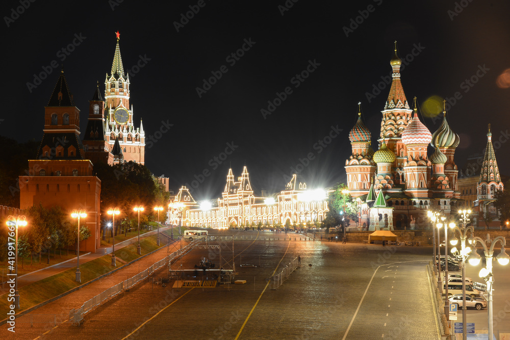 MOSCOW, RUSSIA - September 10, 2020: Night view to Red Square and Saint Basil's Cathedral