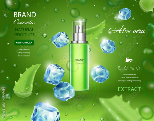 Aloe vera cosmetic spray bottle on green background with ice cubes, Toner, cream, gel, body lotion with moisturizing aloe vera