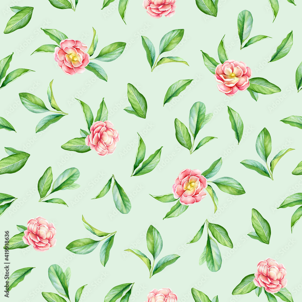 Seamless pattern with watercolor green leaves and pink flowers