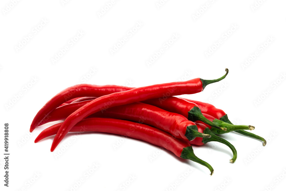 Red fresh chili peppers isolated on white background