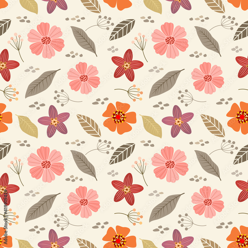 Abstract floral seamless pattern design for backdrop and wrapping paper. Colorful flowers, and leaves on a yellow background. Abstract floral seamless pattern design for backdrop and wrapping paper. Colorful flowers, and leaves on a yellow background.