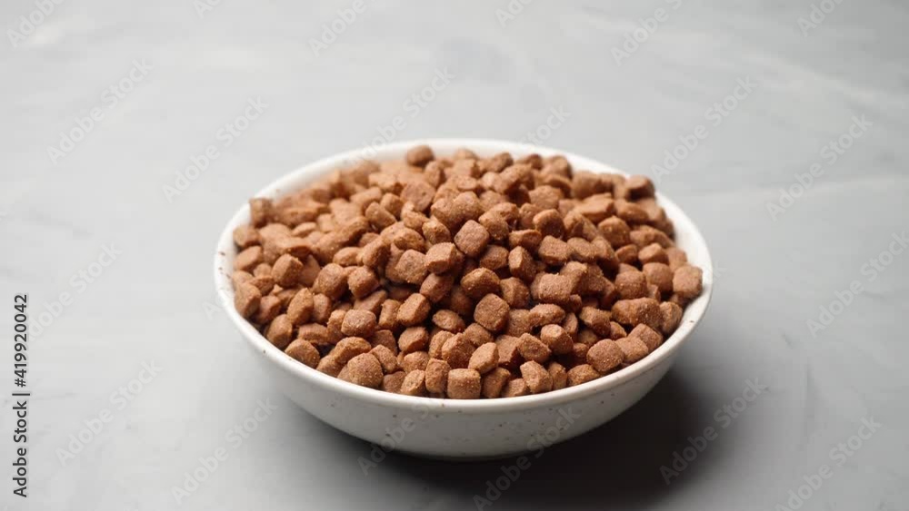 Dry cat food in a plate loop rotates. Dry cat food in a plate loop rotates.