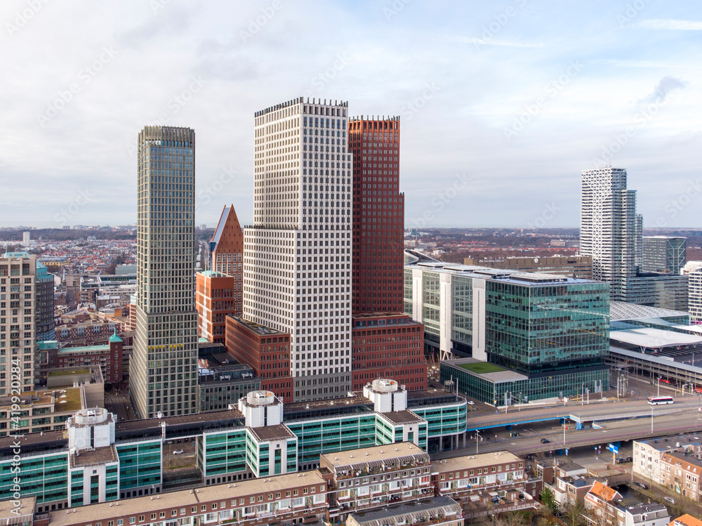 Aerial Drone view of The Hague Downtown Skyscrapers looking towards the North Sea