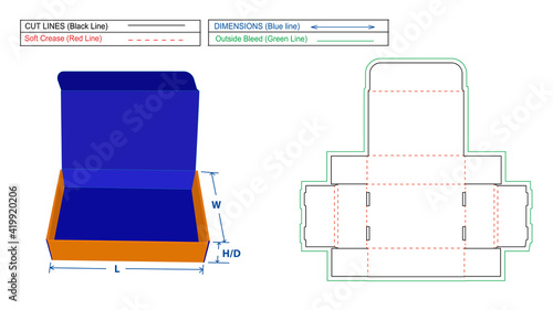 Roll End Tuck Top (RETT) Corrugated mailer box or shipping box dieline template and 3D render file