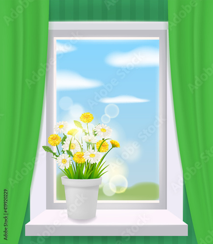 Window view in interior, spring, flower pot with flowers daisy and dandelions on windowsill, curtains. Vector illustration realistic