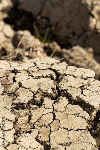 Background suitable for drought images of clods of earth and dry earth with cracks, macro photography of detail of cracks on the earth formed by the sun drying the earth, no water.