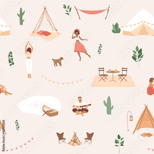 Summer illustration. People relax on beach, walk, play the guitar, dance. Hammock, hut, cafe with lemonade on table, abstract lake with boat, cactus, leaves, lights bulbs. Tropical seamless pattern